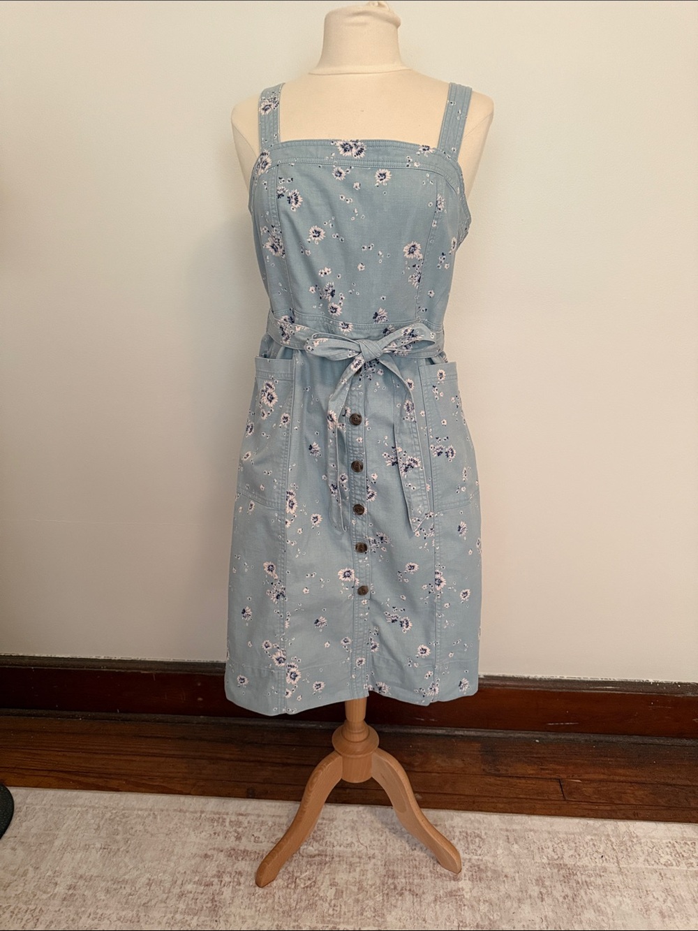 GAP Light Blue Floral Midi Dress with Front Buttons and Tie Waist